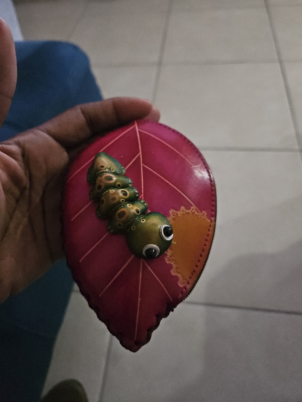 Leaf-Shaped Coin Purse with 3D Caterpillar Accent - Pink & Green